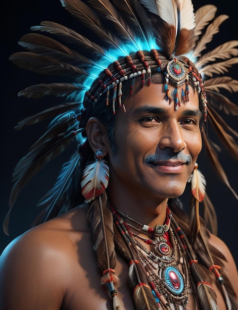 A photo realistic Native American Indian chief with studio lighting on black background