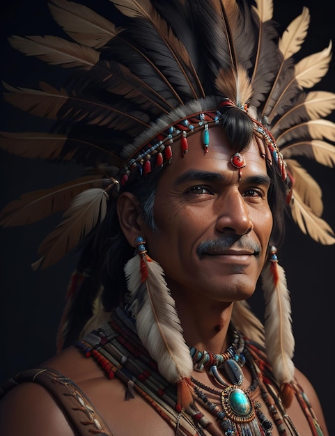 A photo realistic Native American Indian chief with studio lighting on black background