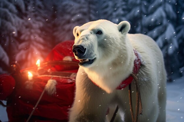 写真 写真現実的な北極クマがハーネスを身に着け雪に覆われた魔術を通して赤いスレーを引っ張っています