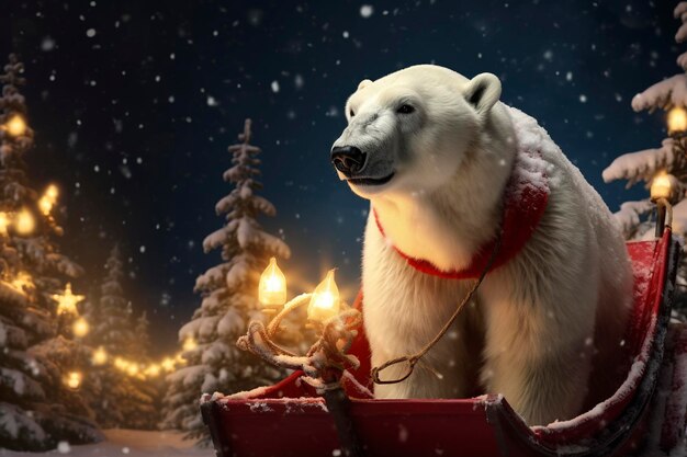 Photo photo realistic polar bear wearing a harness and pulling a red sleigh through a snowcovered enchant