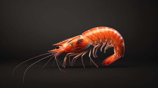 A photo of a realistic shrimp It has a long curved body with a hard shell Its head has two large eyes and two long antennae