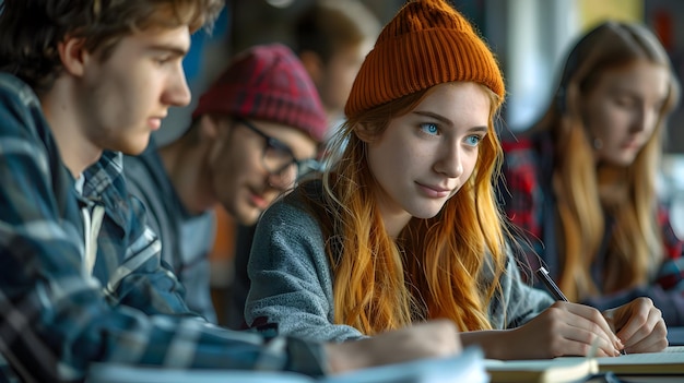 Foto fotografia realistica di studenti universitari che collaborano nel lavoro di gruppo di studio e nell'apprendimento tra pari in alto