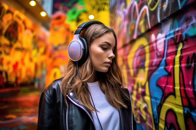 A photo realistic vibrant shot capturing a teenage girl immersed in her music in front of a graffiti covered urban wall Generative AI