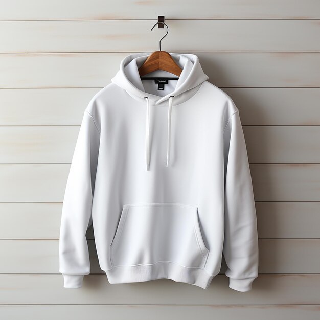 photo realistic white hooded sweatshirt Gildan 18500 hanging on wall the sweatshirt is empty