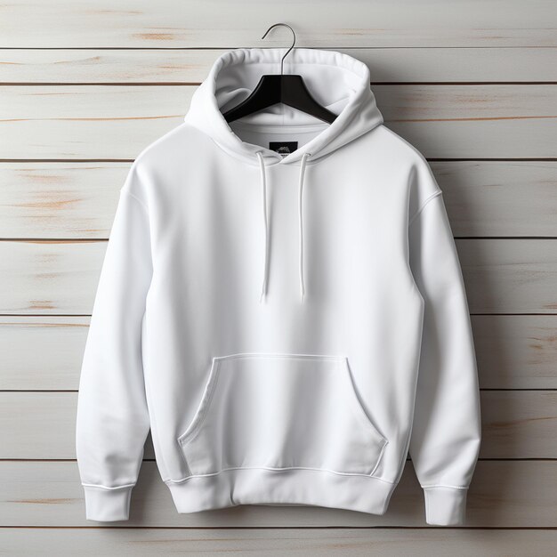 photo realistic white hooded sweatshirt Gildan 18500 hanging on wall the sweatshirt is empty