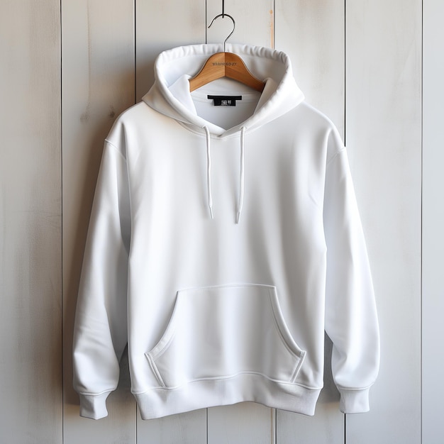 photo realistic white hooded sweatshirt Gildan 18500 hanging on wall the sweatshirt is empty