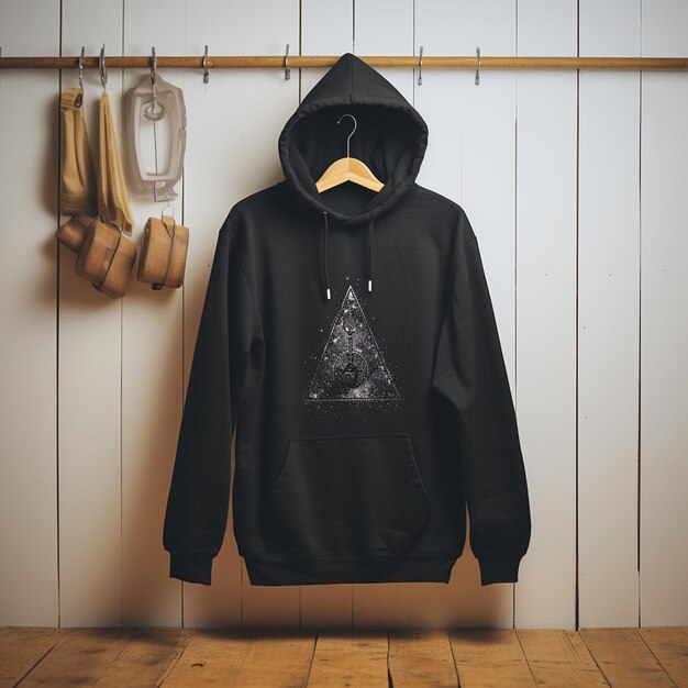 Photo photo realistic white hooded sweatshirt gildan 18500 hanging on wall the sweatshirt is empty