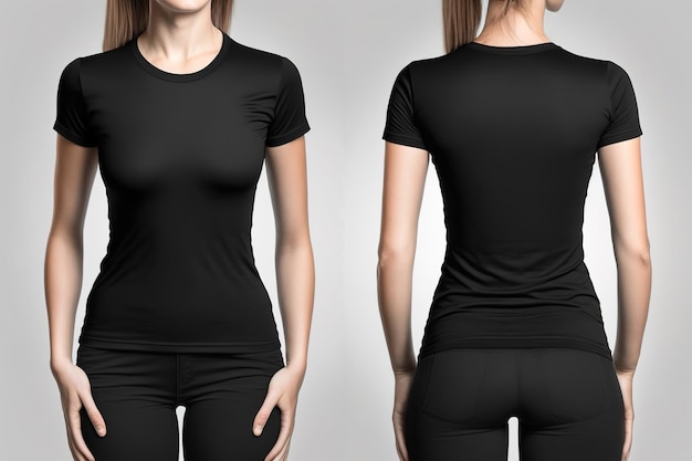 Photo realistic woman black tshirts with copy space front and back view