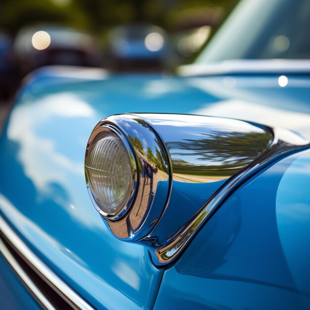 Photo rear mirror mounted on front fender of blue color vintage car closeup detail