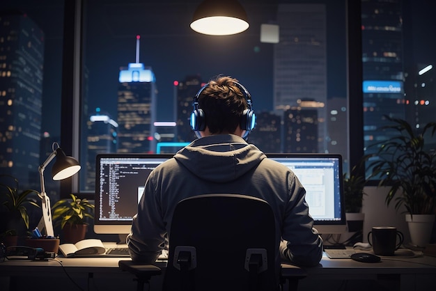 Photo rear view of programmer working all night long