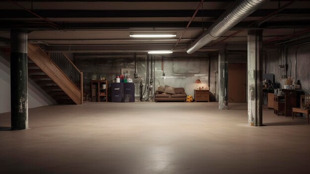 Photo a photo of a recently renovated basement space with no people