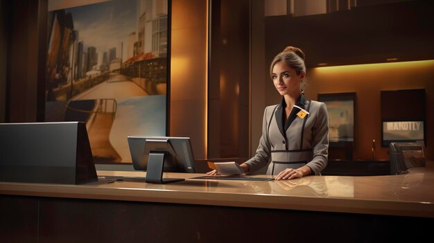 A photo of a receptionist at the front desk