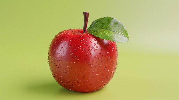 A photo of a red apple with a green leaf The apple is covered in water droplets The apple is sitting on a solid green background
