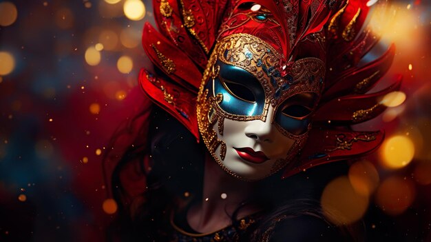 Photo of red carnival mask in front of sparkle background