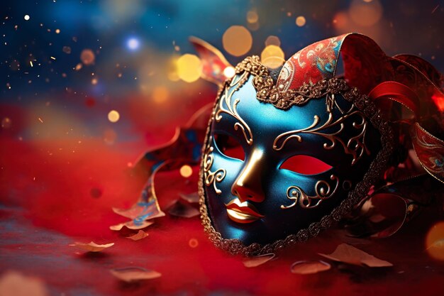 Photo of red carnival mask in front of sparkle background