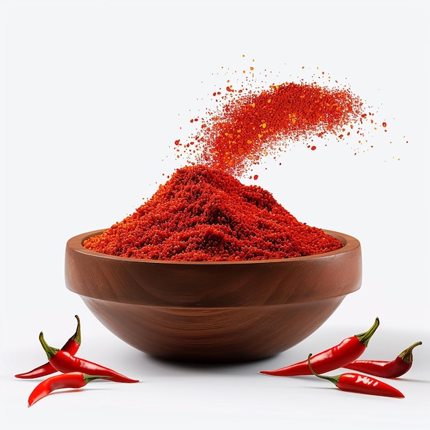 Photo photo of red chilli spicy powder wooden white glass bowl background