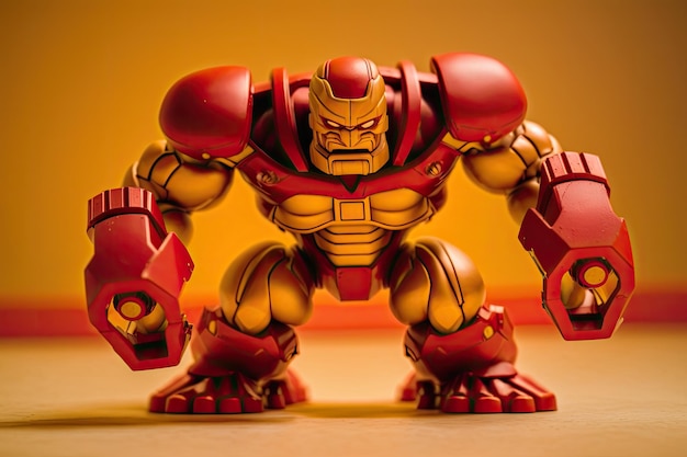 Photo of red colored metal robot toy doing push ups on yelllow floor background