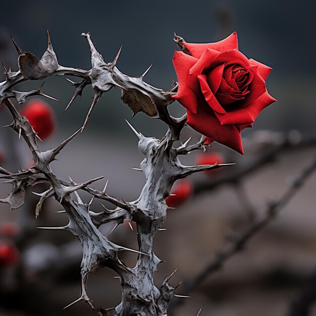 Photo photo red flower on a thick dry branch with thorns