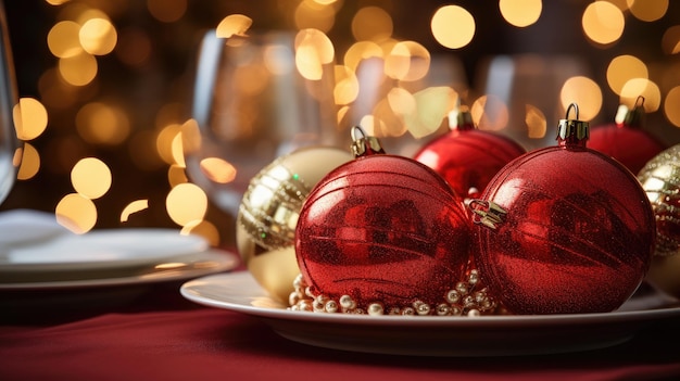 A photo of red and gold christmas balls on a festive holiday table soft overhead lighting