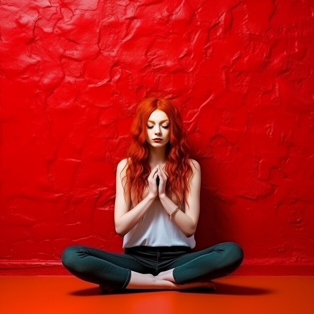 Photo of a red hair girl doing yoga and meditation in front of red color wall