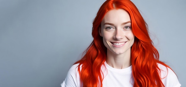 photo of a red hair girl wearing white shirt isolated grey background copy space