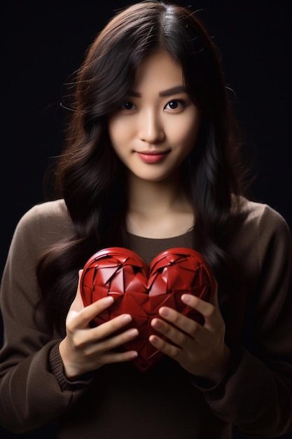 Photo of red Heart in girl hand focus of heart Valentines day concept generative ai