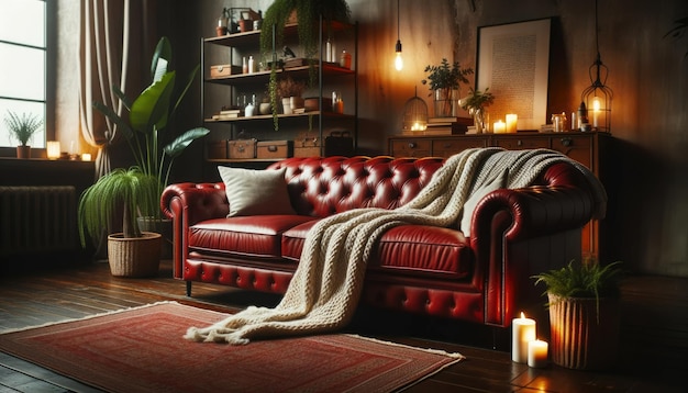 Photo photo of a red leather sofa in a cozy modern living room