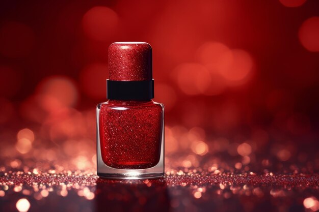 Фото красной бутылки лака для ногтей на красном блестящем фоне
