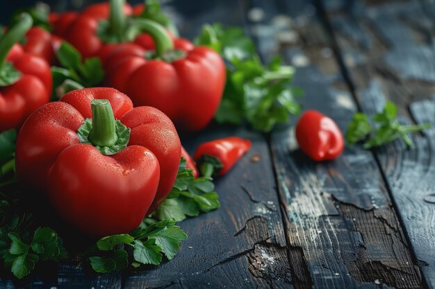 Photo of red peppers on a dark wooden table in the style of food photography product photoshoot