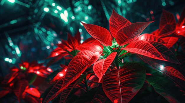 A photo of red poinsettia plants in a modern holiday arrangement bright neon lighting