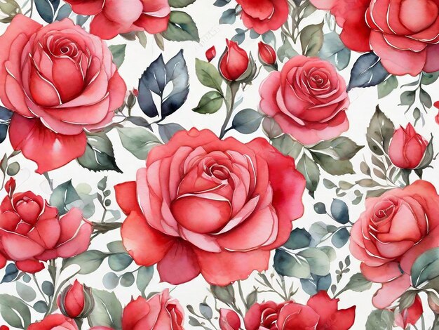 Photo red rose flowers watercolor seamless pattern