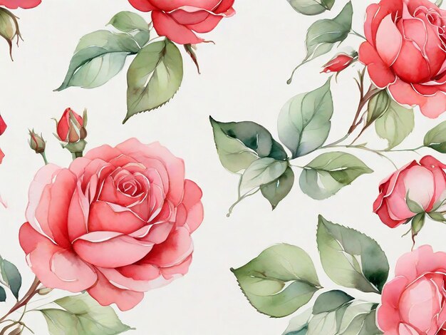 Photo red rose flowers watercolor seamless pattern