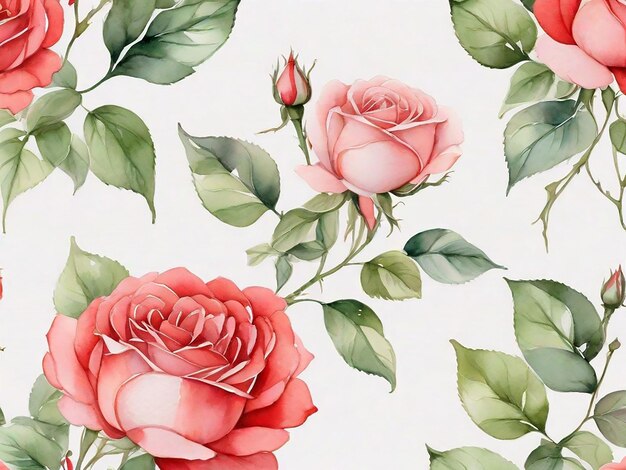 Photo red rose flowers watercolor seamless pattern