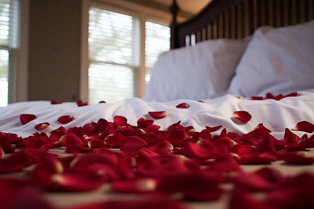 Photo photo of red rose petals on a bed