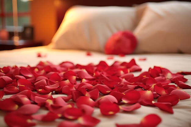 Photo photo of red rose petals on a bed