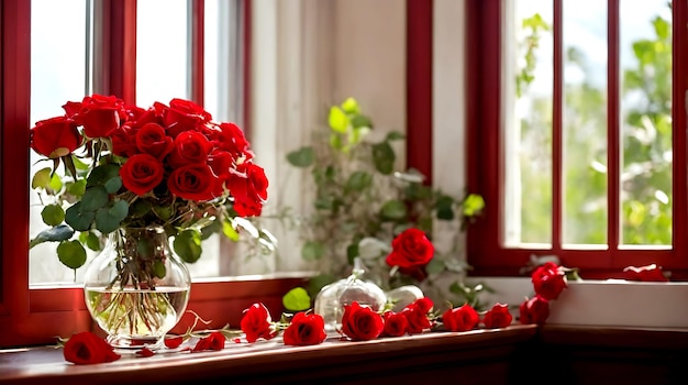 photo red roses by the window brought a touch of romance to the room