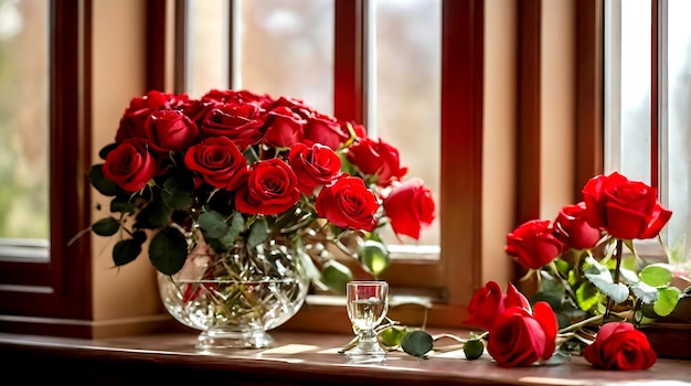 photo red roses by the window brought a touch of romance to the room