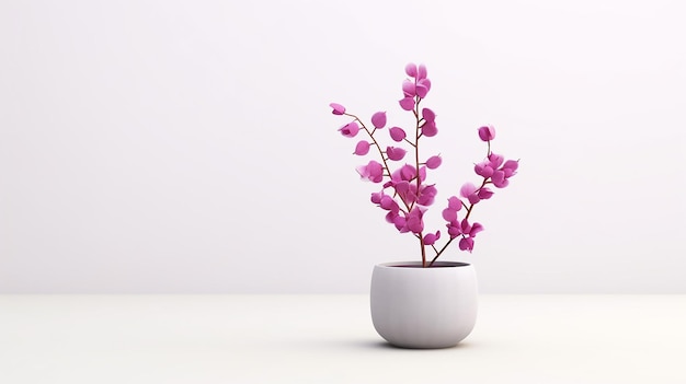 Photo of Redbud flower in pot isolated on white background