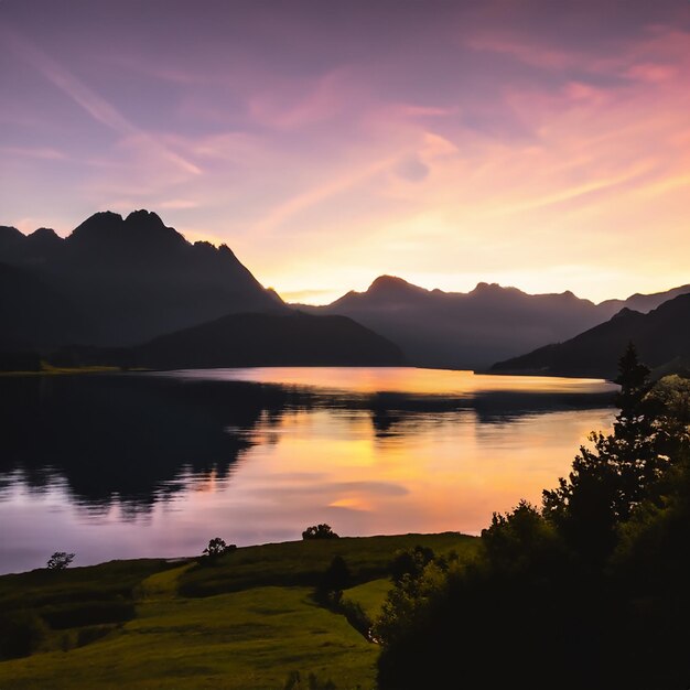 Foto riflessione fotografica delle luci e della montagna in un lago