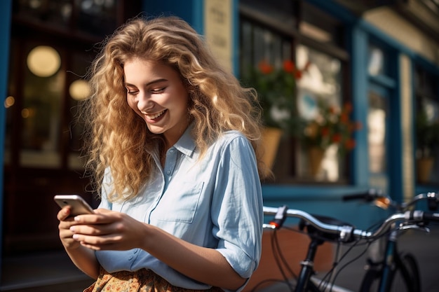 Foto foto ragazza rilassata con il telefono in piedi vicino alla bicicletta e sorridendo