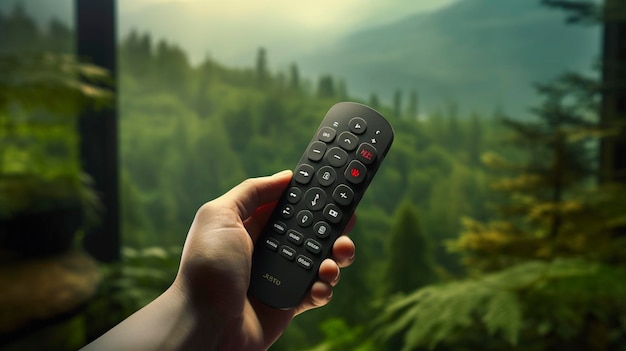 A photo of a remote control in hand adjusting settings