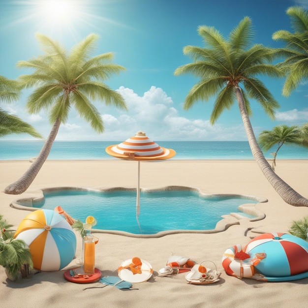 Photo rendering of summer vacation concept colorful beach elements wallpaper