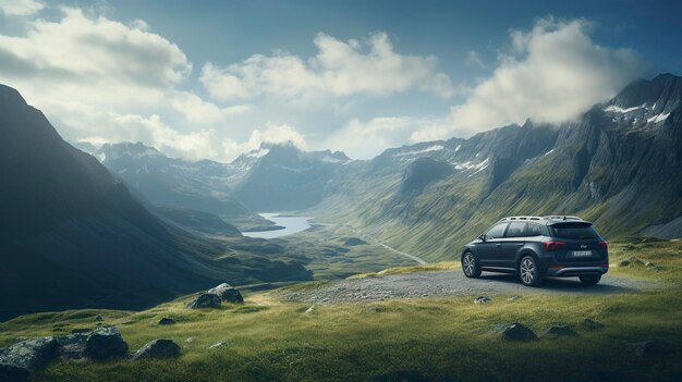 A photo of a rental car in a mountainous landscape