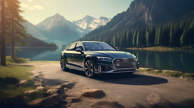 A photo of a rental car in a mountainous landscape