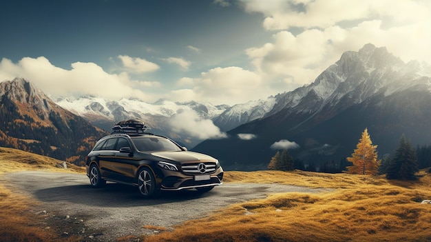 A photo of a rental car in a mountainous landscape