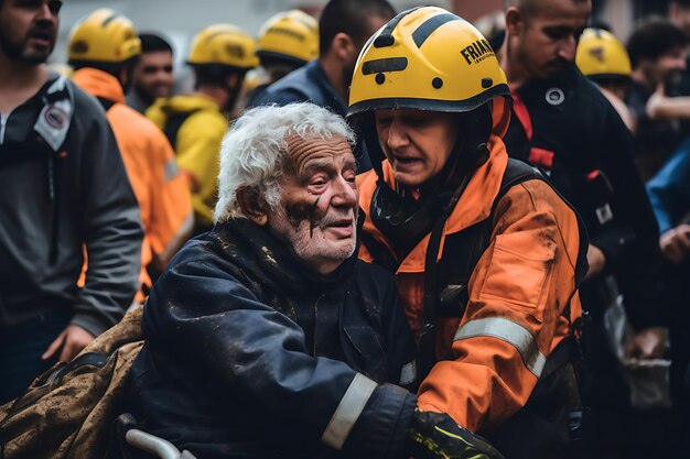 Фото спасательной группы, эвакуирующей пожилых жителей
