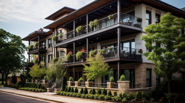 A Photo of a Residential Building Exterior with Balconies and Outdoor Living Spaces