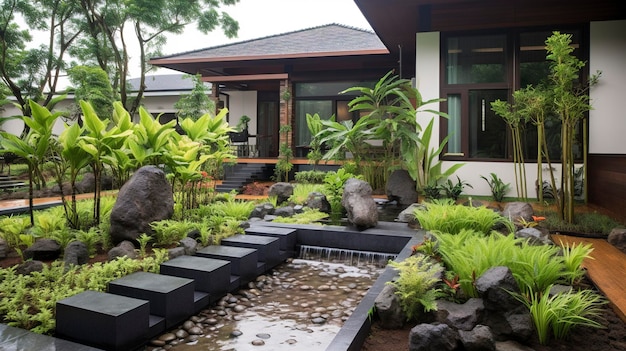 A Photo of a Residential Exterior with Sustainable Landscaping and Rainwater Harvesting