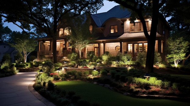 A Photo of a Residential House with Beautiful Landscaping and Exterior Lighting