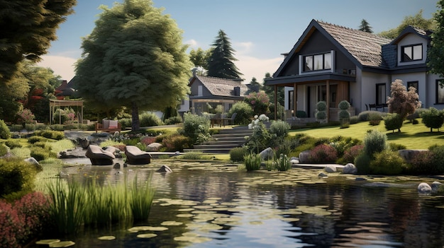 A photo of a residential property with a pond